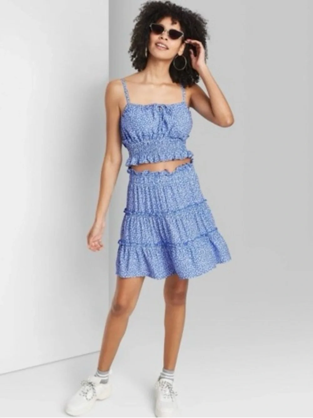 Wild Fable Tiered Ditsy Floral Mini Skirt Size Small Blue White Daisy NEW